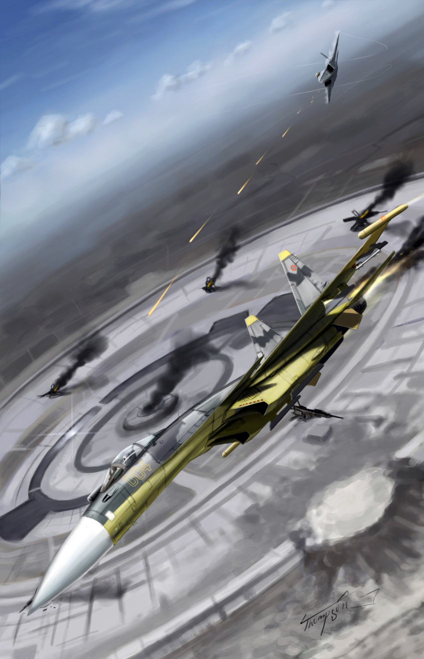 ace_combat ace_combat_04 aerial_battle airplane battle building cannon cloud clouds crater dogfight f-22 fighter_jet fire firing highres jet mobius_1 pilot signature sky smoke stonehenge_(ace_combat) su-37 thompson yellow_4