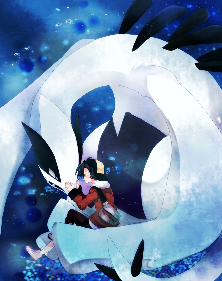 1boy backwards_hat baseball_cap blue_hair blush closed_eyes creature gold_(pokemon) hat highres hoodie long_sleeves lugia nicole_(usako) pokemon pokemon_(creature) pokemon_(game) pokemon_hgss short_hair smile tail underwater wings