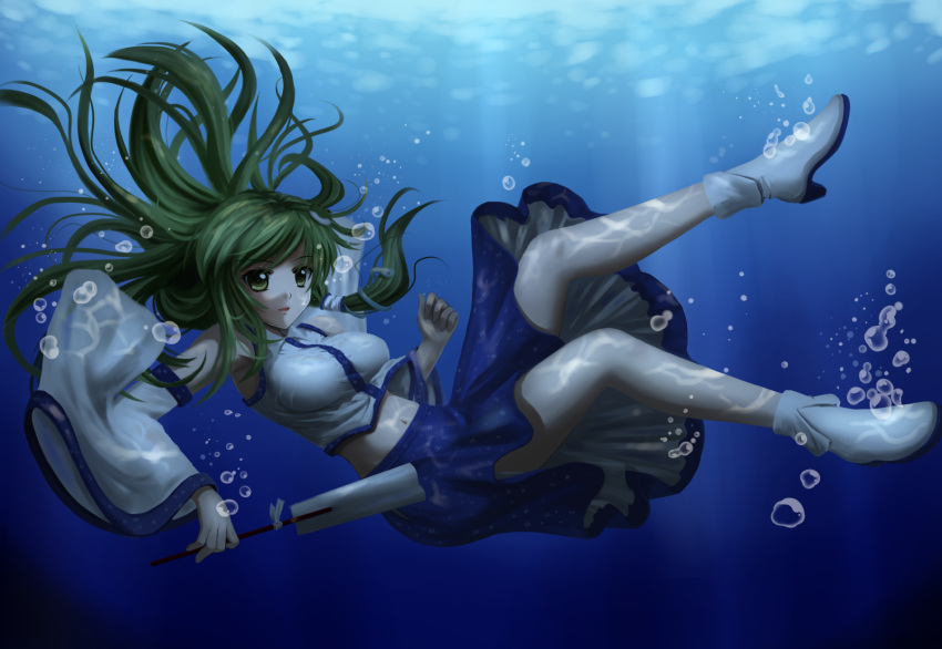 bangs breasts bubble bubbles chien_zero detached_sleeves dress floating_hair frog_hair_ornament gohei green_eyes green_hair hair_ornament highres kochiya_sanae large_breasts long_hair looking_at_viewer midriff navel snake_hair_ornament solo taut_shirt touhou underwater