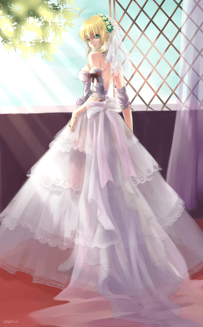 absurdres ahoge back bare_shoulders blonde_hair bow breasts bridal_veil bzerox detached_sleeves dress fate/stay_night fate_(series) flower frills from_behind green_eyes highres looking_back open-back_dress saber see-through solo sunlight tree veil wedding_dress