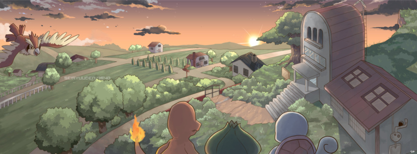 bird building bulbasaur charmander cloud clouds commentary creature field flying from_behind house no_humans outdoors pallet_town perspective pidgey pokemon pokemon_(creature) pokemon_(game) pokemon_rgby road seiryuuden sky squirtle sun sunlight sunset tree window
