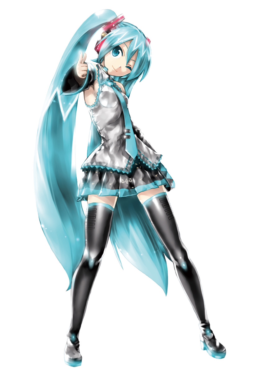 absurdres aqua_eyes aqua_hair boots detached_sleeves hatsune_miku highres kei_(artist) long_hair necktie official_art simple_background skirt smile solo standing thigh-highs thigh_boots thighhighs twintails very_long_hair vocaloid white_background wink