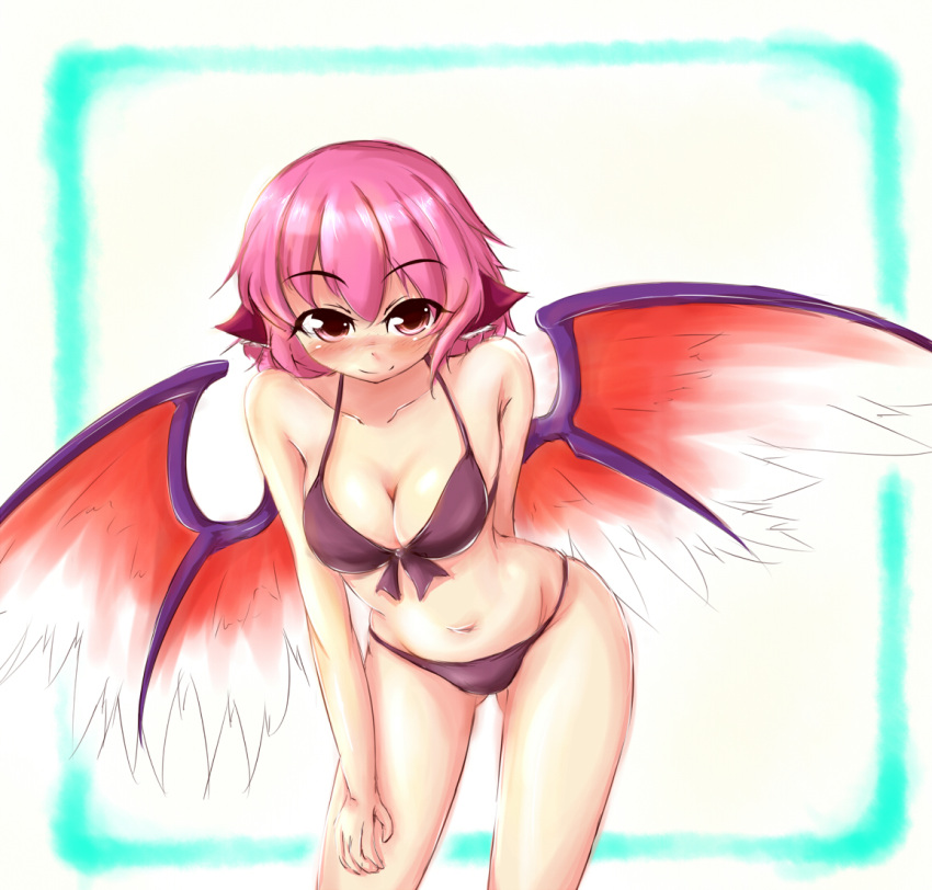 animal_ears arm_behind_back ayatori_(aytr) bare_shoulders bikini blush breasts cleavage collarbone front-tie_top looking_at_viewer mystia_lorelei navel no_hat no_headwear pink_hair red_eyes short_hair simple_background smile solo swimsuit touhou wings