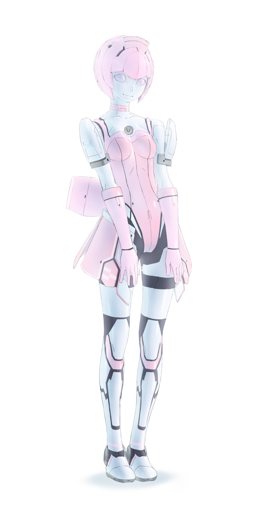 android bow choker elbow_gloves elenor_camuel gloves highres light_smile maid_headdress no_pupils pale_skin phantasy_star phantasy_star_online pikoroo pink_hair puffy_sleeves purple_eyes short_hair simple_background skirt solo standing white_background