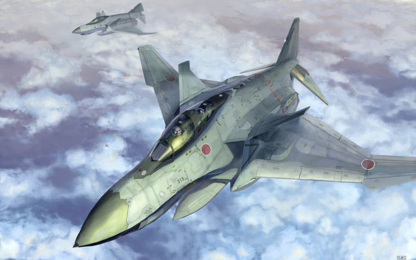 cloudy_sky drop_tank f-4_phantom_ii fighter_jet future helmet highres japan_air_self-defense_force jet original pilot ranpota realistic science_fiction