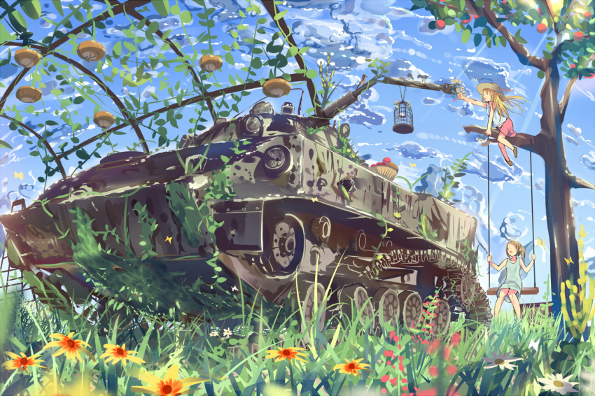 apple bird birdcage blonde_hair brown_hair butterfly cage cloud clouds daito dress flower food fruit grass hat ivy long_hair military military_vehicle multiple_girls original outstretched_arm scenery side_ponytail skirt sky swing tank tree vehicle