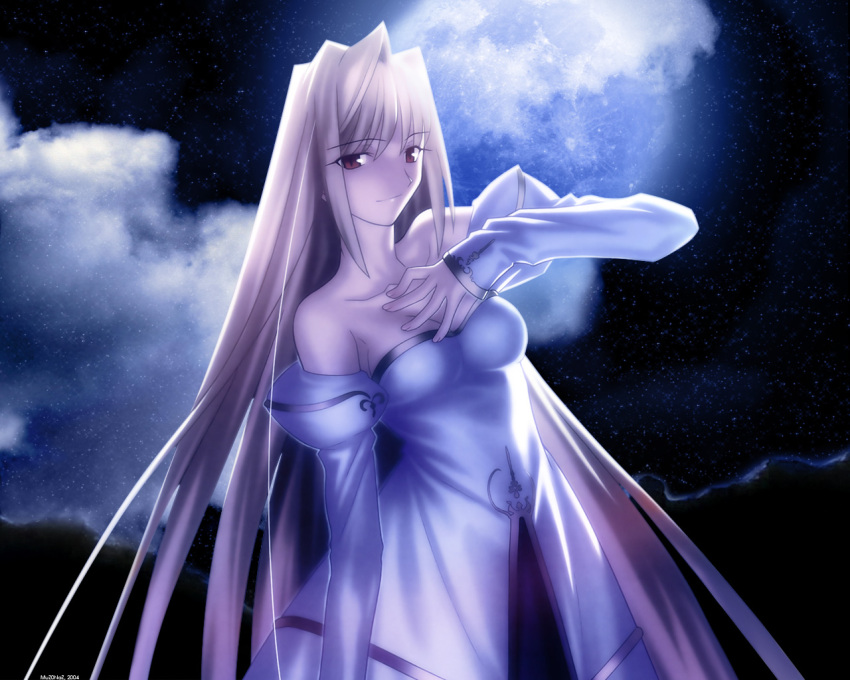 1280x1024 archetype_earth arcueid_brunestud bare_shoulders blonde blonde_hair breasts cleavage cloud dark detached_sleeves dress high_res long_hair night night_sky official_art outdoors photoshop red_eyes scan scanning_artifacts sideboob sky smile solo standing strapless_dress takeuchi_takashi tsukihime very_long_hair wallpaper watermark