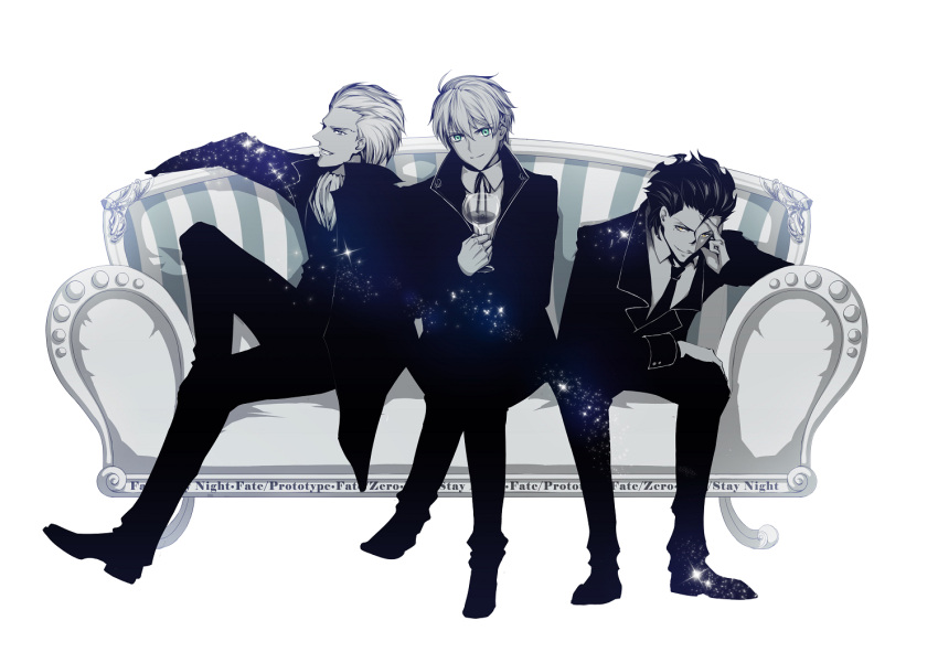 ahoge archer couch cravat cup fate/prototype fate/stay_night fate/zero fate_(series) formal green_eyes kino707 lancer_(fate/zero) male mole monochrome multiple_boys saber_(fate/prototype) spot_color suit wine_glass