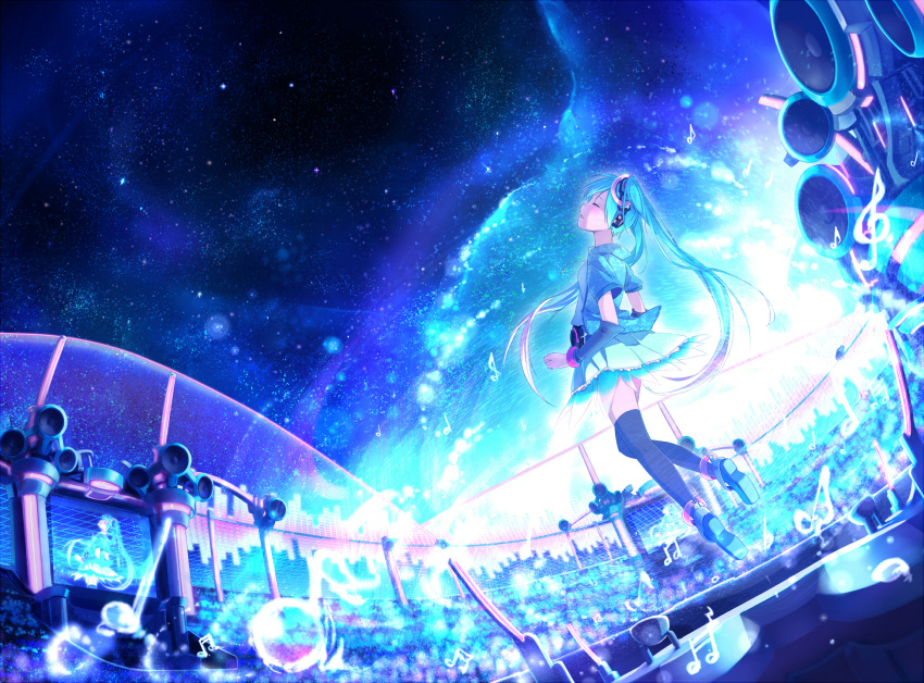 akama_zenta aqua_hair closed_eyes detached_sleeves eyes_closed floating hatsune_miku highres jewelry long_hair musical_note night outdoors skirt sky solo speaker star_(sky) starry_sky thigh-highs thighhighs twintails very_long_hair vocaloid zettai_ryouiki