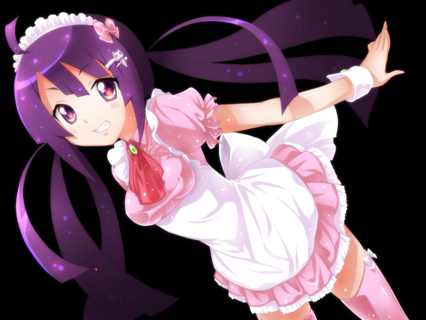 black_background highres long_hair looking_at_viewer oumi_sanaka purple_eyes purple_hair smile solo tone_rion twintails violet_eyes vocaloid