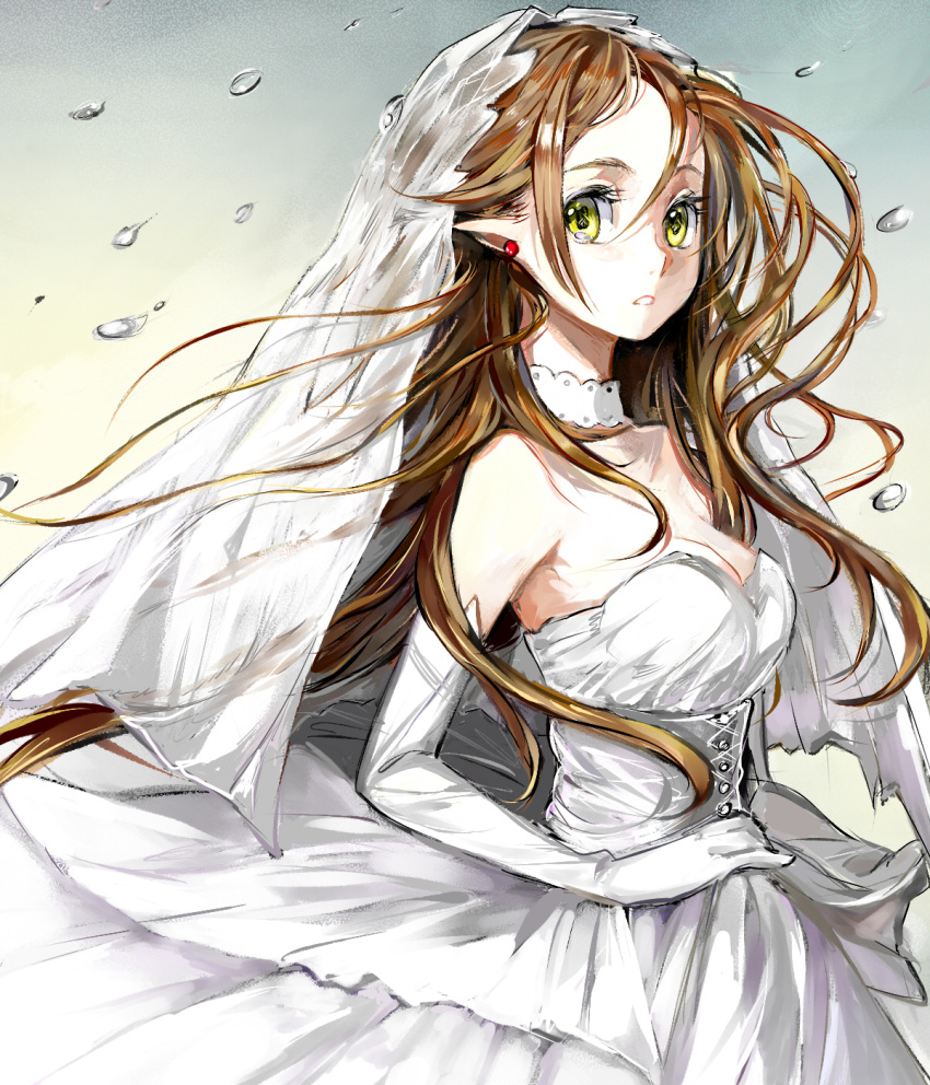 :o breasts brown_hair cleavage douremi dress elbow_gloves elf gloves highres long_hair looking_at_viewer original pointy_ears solo veil wedding_dress white_gloves wind yellow_eyes