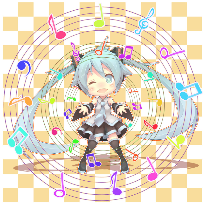 aqua_eyes aqua_hair chibi detached_sleeves hatsune_miku highres long_hair looking_at_viewer musical_note open_mouth shiitake_(mm0820) skirt smile solo thigh-highs thighhighs twintails very_long_hair vocaloid wink