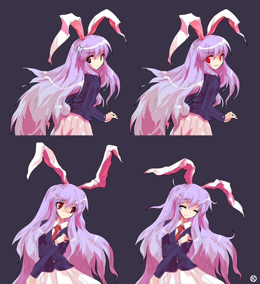 ^_^ alphes_(style) anger_vein animal_ears blazer blouse blush bunny_ears bunny_tail closed_eyes dress_shirt from_behind glowing glowing_eyes highres kaoru_(gensou_yuugen-an) lavender_hair long_hair looking_at_viewer necktie parody rabbit_ears red_eyes reisen_udongein_inaba shirt simple_background skirt smile smirk solo style_parody tail tears touhou very_long_hair wavy_mouth