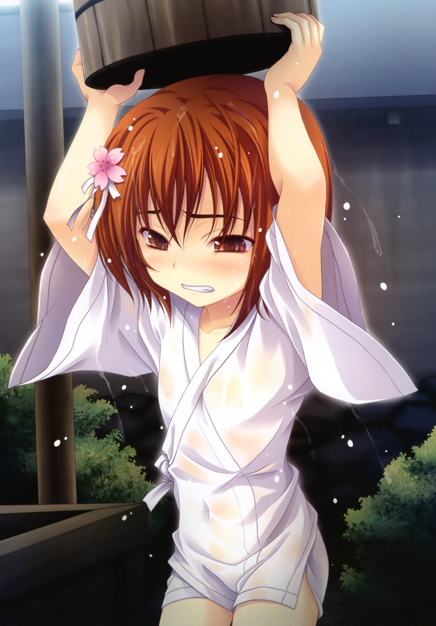 absurdres arms_up blush brown_eyes brown_hair bucket clenched_teeth clothed_navel collarbone hair_ornament highres miyama-zero nene_(oda_nobuna_no_yabou) oda_nobuna_no_yabou scan short_hair solo wet