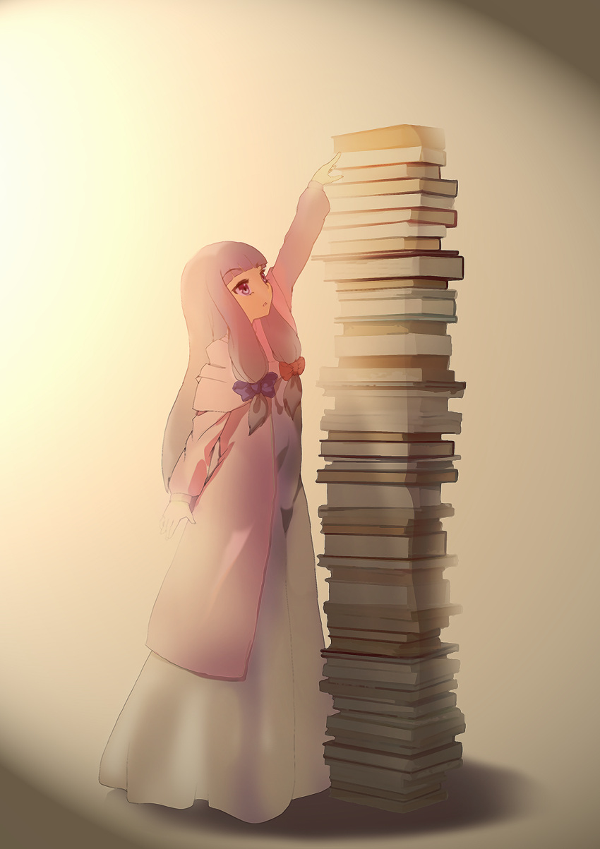a+1 arm_up backlighting book book_stack bow dress hair_bow highres long_hair no_hat no_headwear outstretched_arm outstretched_hand patchouli_knowledge purple_eyes purple_hair reaching solo touhou violet_eyes