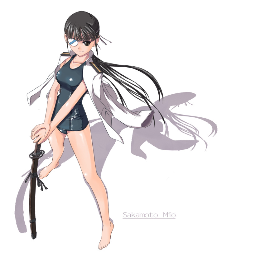 barefoot black_eyes black_hair character_name eyepatch female hands_on_hilt jacket_on_shoulders long_hair military military_uniform nenchi ponytail sakamoto_mio school_swimsuit shadow simple_background smile solo strike_witches swimsuit sword uniform weapon white_background