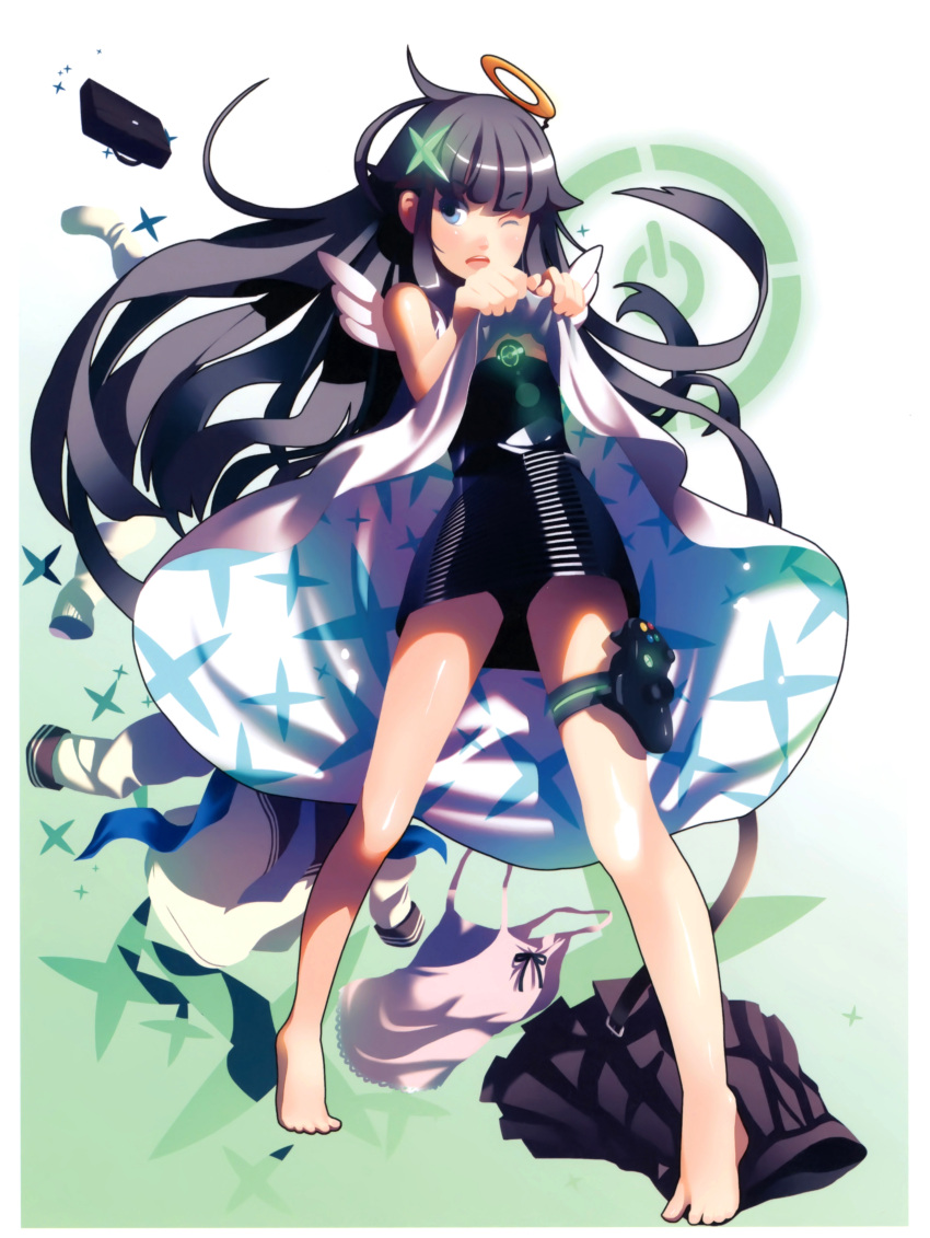 ;d absurdres angel_wings barefoot black_dress black_hair blue_eyes camisole controller dress dress_lift game_controller glowing halo highres long_hair open_mouth original pleated_skirt scan school_briefcase school_uniform serafuku skirt smile solo thigh_strap vofan white_dress wings wink xbox