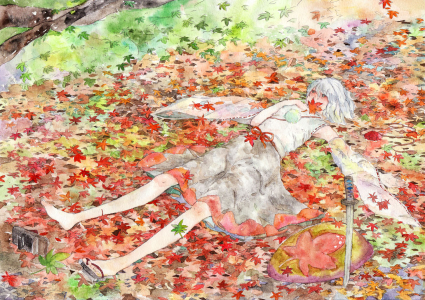 autumn barefoot conose covering_mouth detached_sleeves full_body geta inubashiri_momiji japanese_clothes katana leaf long_skirt lying maple_leaf on_back sandals shield shoes_removed short_hair single_shoe skirt solo sword touhou traditional_media watercolor_(medium) weapon white_hair wide_sleeves