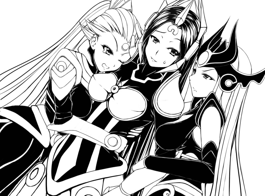 armor breasts cleavage diana_(league_of_legends) ear_protection forehead_protector helmet hug league_of_legends leona_(league_of_legends) long_hair multiple_girls syndra tsugumi_(artist)