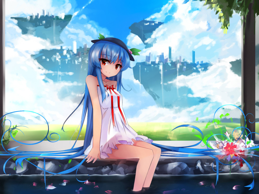 1girl absurdly_long_hair bare_shoulders blue_hair feet_in_water floating_island hat highres hinanawi_tenshi long_hair red_eyes shuizao_(little_child) soaking_feet solo touhou very_long_hair water