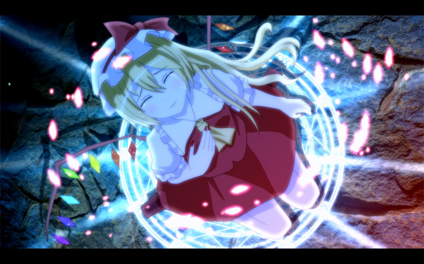 ascot bad_id blonde_hair closed_eyes dress eyes_closed flandre_scarlet from_above hat kneeling letterboxed long_hair side_ponytail solo tears tomon_(slash0410) touhou wings