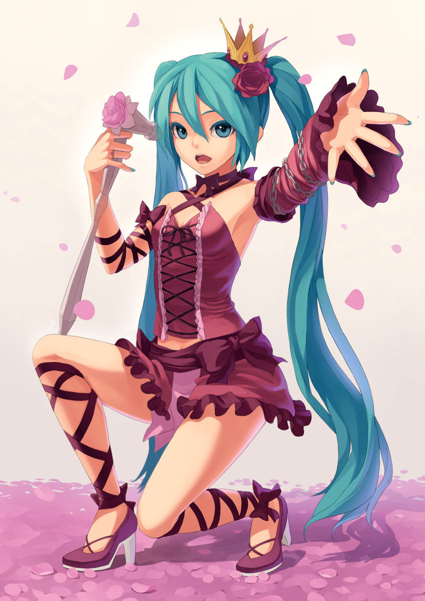 crown fkey flower hair_flower hair_ornament hatsune_miku high_heels highres long_hair microphone nail_polish outstretched_arms petals project_diva project_diva_2nd ribbon romeo_to_cinderella_(vocaloid) rose shoes solo vocaloid