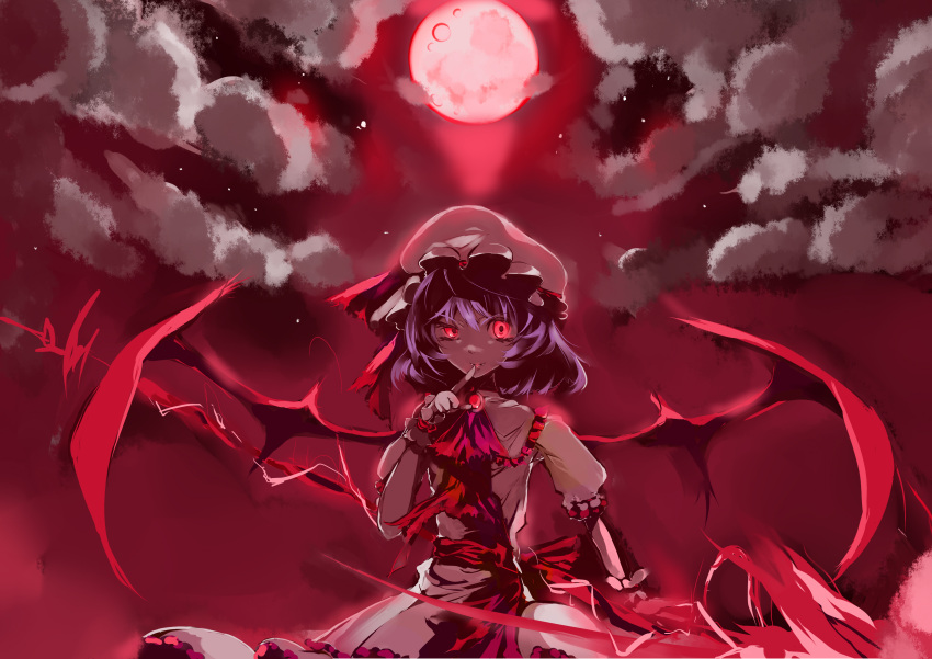 absurdres ascot bat_wings blaze_(artist) brooch bust cloud clouds fangs finger_to_mouth full_moon hat hat_ribbon highres jewelry lavender_hair looking_at_viewer moon night red_eyes red_moon remilia_scarlet ribbon short_hair skirt skirt_set smile solo spear_the_gungnir touhou wings