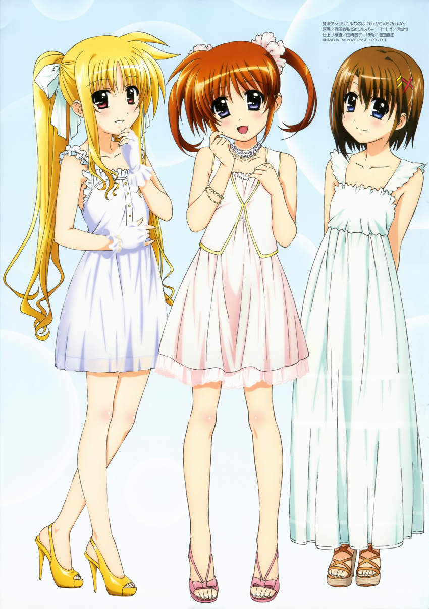 absurdres blonde_hair blush brown_hair dress fate_testarossa feet high_heels highres legs lyrical_nanoha mahou_shoujo_lyrical_nanoha mahou_shoujo_lyrical_nanoha_a's mahou_shoujo_lyrical_nanoha_a's mahou_shoujo_lyrical_nanoha_the_movie_2nd_a's megami multiple_girls official_art okuda_yasuhiro open_mouth open_shoes red_eyes sandals scan shoes short_hair smile takamachi_nanoha toes twintails yagami_hayate