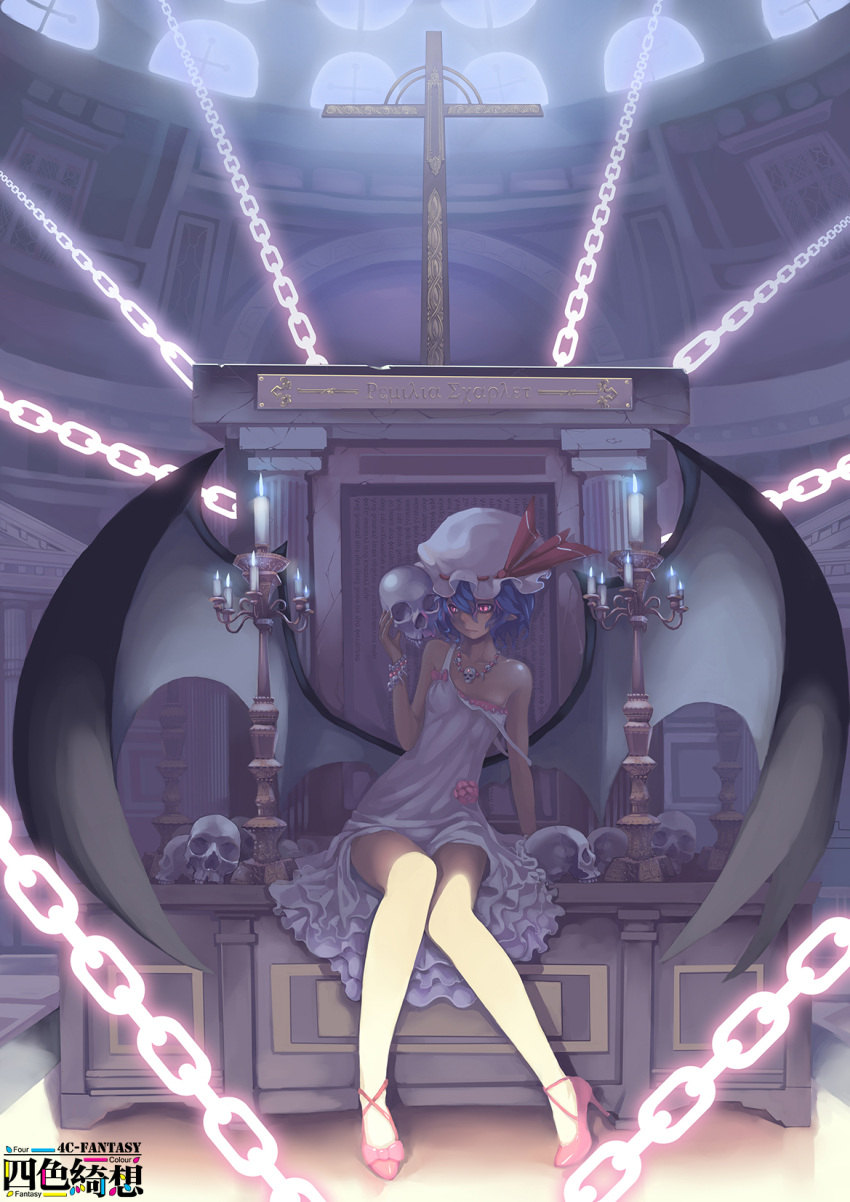 alternate_costume bare_shoulders bat_wings blue_hair candle chain chains cross dress greek high_heels highres jewelry madyy necklace off_shoulder pointy_ears red_eyes remilia_scarlet shoes short_hair sitting skull skull_necklace solo strap_slip touhou white_dress wings
