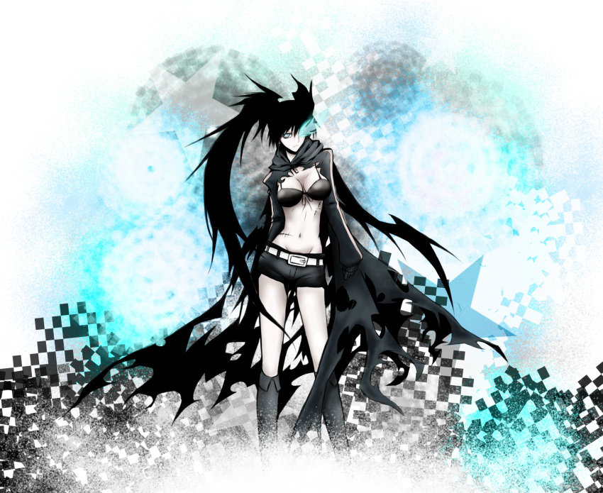 absurdres alternate_breast_size belt bikini_top black_hair black_rock_shooter black_rock_shooter_(character) blue_eyes boots breasts cleavage coat contrapposto gloves glowing glowing_eye healtz highres knee_boots large_breasts long_hair midriff navel pale_skin scar short_shorts shorts solo torn_clothes twintails