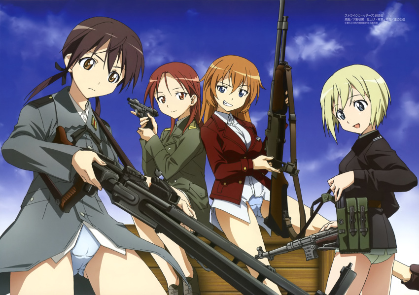 4girls absurdres bar1918 blonde_hair blue_eyes brown_eyes brown_hair browning_automatic_rifle charlotte_e_yeager erica_hartmann gertrud_barkhorn grin highres m1918_bar machine_gun megami mg42 military military_uniform minna-dietlinde_wilcke mp40 multiple_girls official_art orange_hair pistol red_eyes red_hair scan smile strike_witches walther_ppk weapon