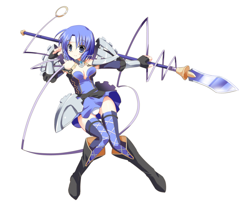 armor bare_shoulders blue_eyes blue_hair blush boots breasts choker dress elbow_gloves fingerless_gloves fire_emblem fire_emblem:_kakusei fire_emblem:_mystery_of_the_emblem gloves headband katua ouhashi panties pegasus_knight polearm short_hair smile solo spear thigh-highs thighhighs underwear weapon white_background white_panties
