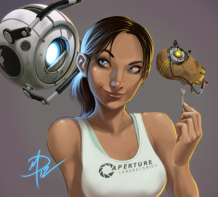 1girl aperture_laboratories bare_shoulders black_hair blue_eyes breasts chell daniel_macgregor glados lips nose portal portal_2 potato signature smile tan tank_top wheatley