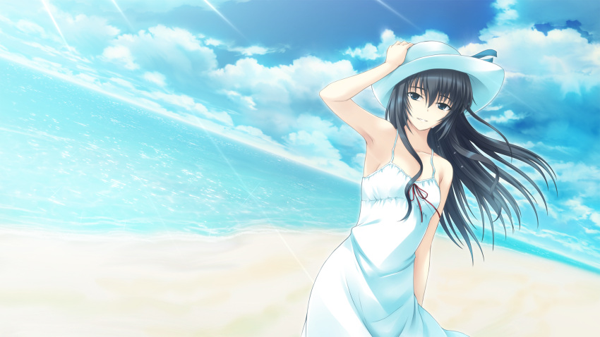 beach black_hair character_request clouds crying dress game_cg hat ishii_hisao sky summer_dress tagme_(character) tears tokyo_babel water