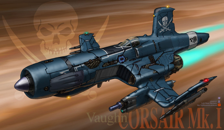 artist_name cannon cockpit crossed_swords energy_gun exhaust f4u_corsair inverted_gull_wing jet jolly_roger light mecha missile original pilot pilot_suit realistic science_fiction skull skull_and_crossed_swords space_craft spacesuit watermark web_address zenseava