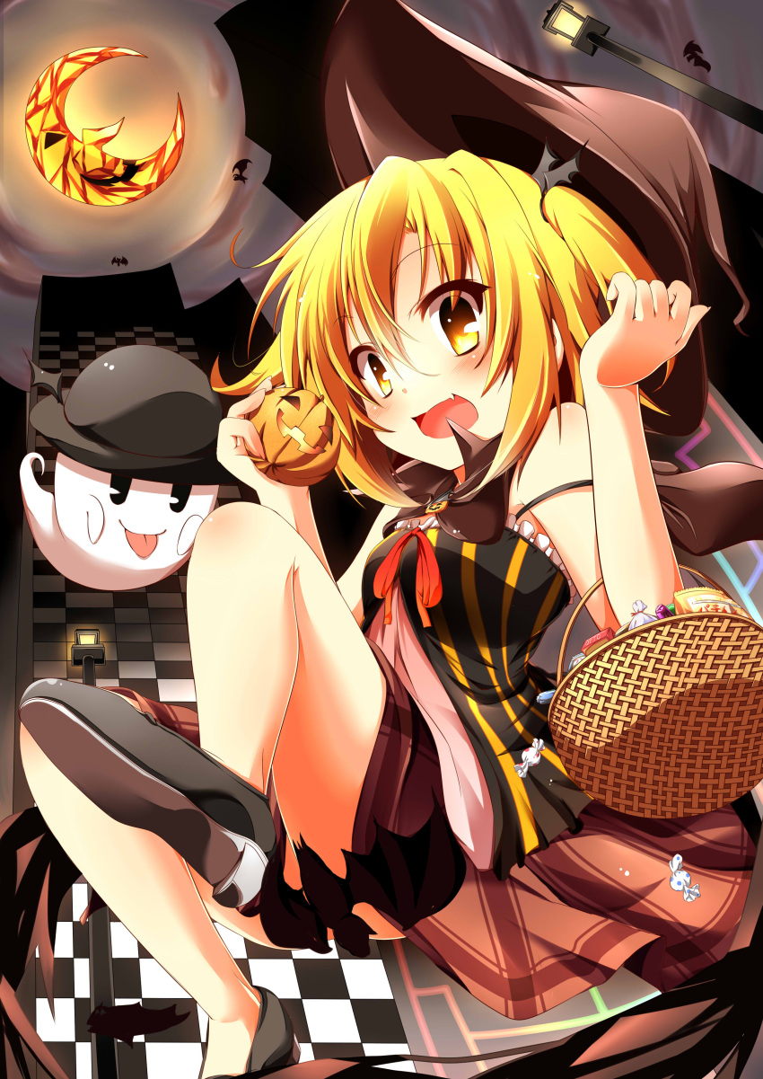 :p absurdres artist_request basket bat blonde_hair blush candy censored checkered convenient_censoring crescent_moon fang ghost halloween hat highres jack-o'-lantern jack-o'-lantern lantern looking_at_viewer moon no_panties open_mouth original plaid plaid_skirt pumpkin short_hair skirt smile solo tongue wakagi_repa witch witch_hat yellow_eyes