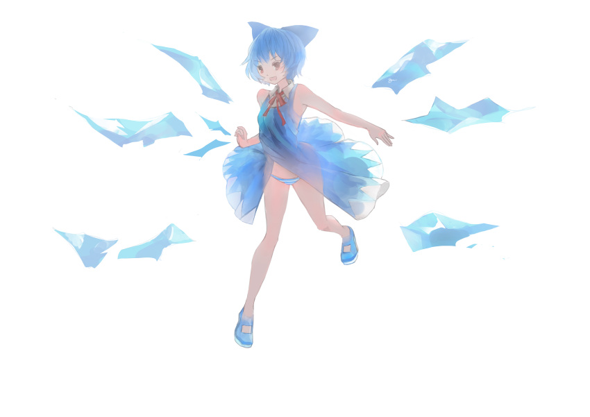 a+1 absurdres bare_legs bare_shoulders blue_dress blue_hair blue_panties bow cirno dress hair_bow highres ice ice_wings mary_janes panties red_eyes shoes short_hair smile solo striped striped_panties touhou underwear wings