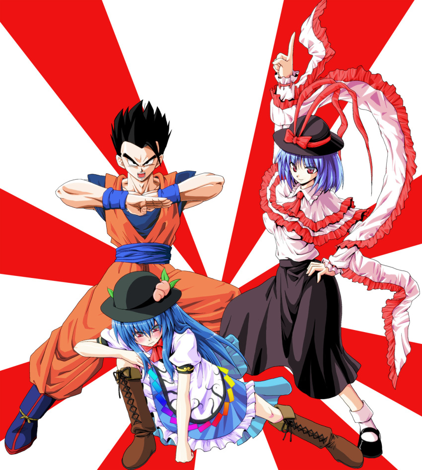 2girls black_hair blue_hair blue_skirt blush boots bow breasts capelet cross-laced_footwear crossover dragon_ball dragon_ball_z dragonball_z embarrassed food fruit hand_on_hip hat hat_bow highres hinanawi_tenshi kamishima_kanon lace-up_boots leaf long_hair long_skirt mary_janes multiple_girls nagae_iku open_mouth peach pose puffy_sleeves purple_hair red_eyes ribbon saturday_night_fever shawl shoes short_hair short_sleeves skirt smile socks son_gohan spiked_hair spiky_hair squatting standing sweatdrop touhou white_legwear