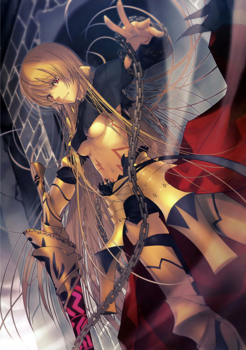 absurdres aikura_chihiro armor black_legwear blonde_hair breasts chain chains dutch_angle ea_(fate/stay_night) fate/stay_night fate_(series) fingernails gauntlets genderswap gilgamesh greaves highres jewelry lips long_fingernails long_hair looking_at_viewer midriff navel necklace red_eyes scan skirt solo thigh-highs thighhighs under_boob underboob very_long_hair