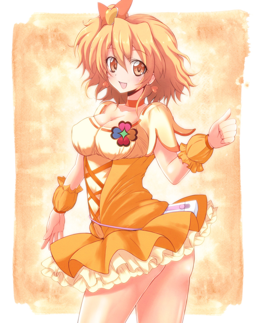 avy417 bow breasts brown_eyes choker cleavage cure_pine dress earrings fresh_precure! hair_bow highres jewelry magical_girl orange_(color) orange_background orange_dress orange_hair precure short_hair side_ponytail skirt smile solo wrist_cuffs yamabuki_inori