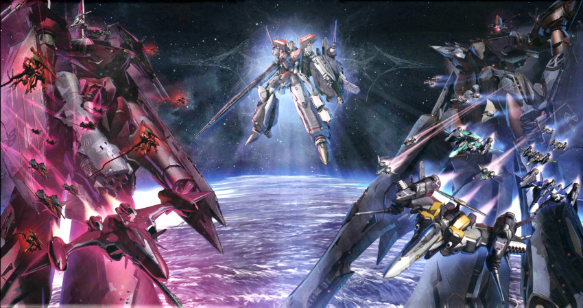 airplane battle battle_frontier battle_galaxy battleship epic highres jet macross macross_frontier macross_galaxy macross_quarter mecha n.u.n.s. planet s.m.s. space space_craft spoilers storm_attacker v-9 vajra vf-25 vf-27