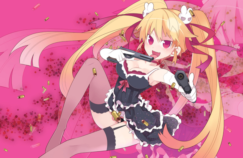 armpits blonde_hair bow breasts bullet bunny cartridge character_request choker cleavage dress dual_wielding elbow_gloves fang fangs garter_straps gloves gun hair_ornament hair_ribbon haruse_hiroki kazuha_(love_rob_stockholm) licking long_hair love_rob_stockholm panties pink_eyes ribbon shell_casing smile solo thighhighs tongue transparent trigger_discipline twintails underwear very_long_hair weapon