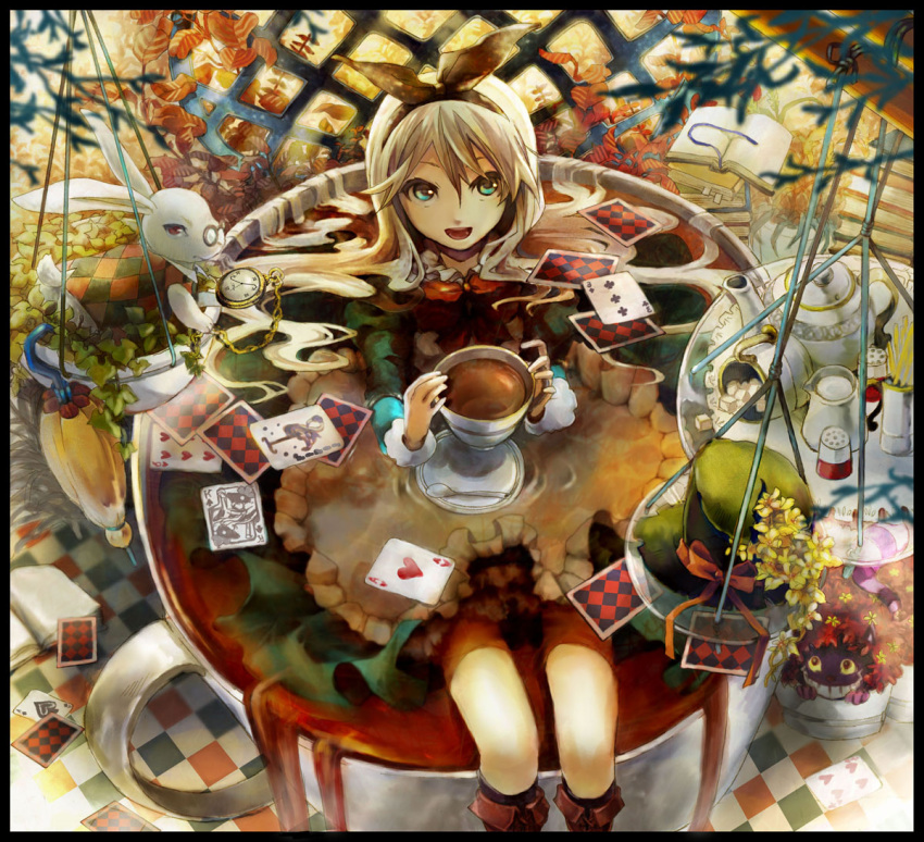 alice_in_wonderland blonde_hair book bow card cards cheshire_cat clock cup green_eyes hair_bow hat hoshikako_(koz) koz_(pixiv62216) long_hair lying_card pocket_watch watch white_rabbit