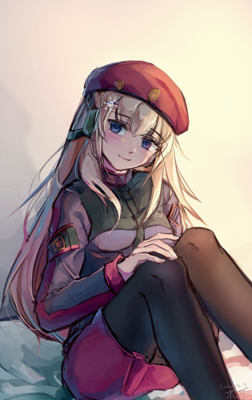 1girl absurdres ak74m_(girls'_frontline) artist_name bangs beret black_legwear blonde_hair blue_eyes blush breasts closed_mouth dated eyebrows_visible_through_hair girls_frontline hair_between_eyes hair_ornament hat headset highres long_hair looking_at_viewer medium_breasts mocha033 pantyhose red_skirt russian_flag simple_background sitting skirt smile snowflake_hair_ornament solo tactical_clothes