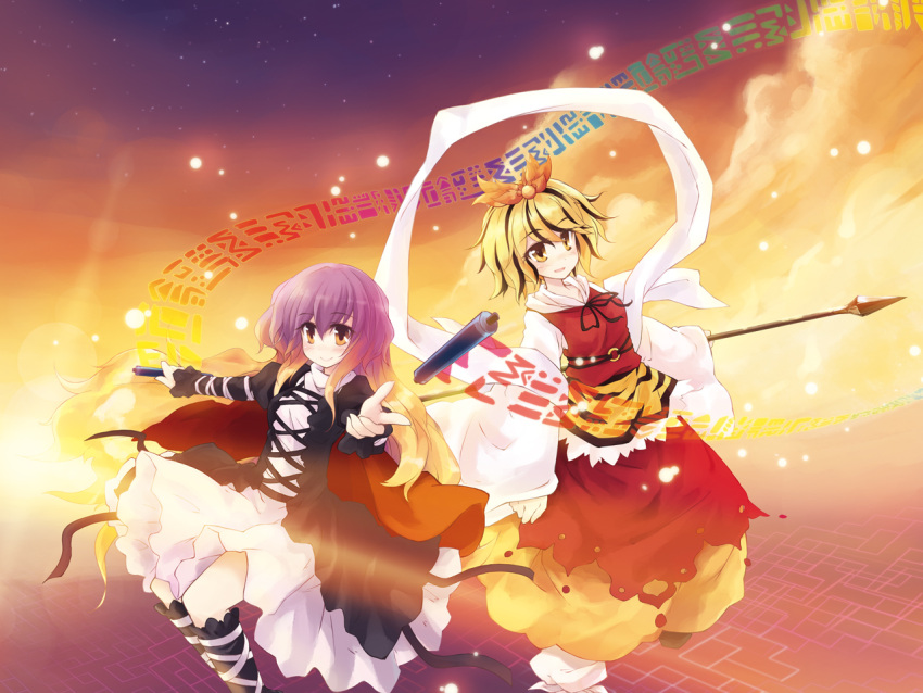 blonde_hair cape dress gradient_hair hair hair_ornament hijiri_byakuren long_hair multicolored_hair multiple_girls polearm purple_hair scroll shawl short_hair spear toramaru_shou touhou weapon yellow_eyes yukitarou_(awamori)