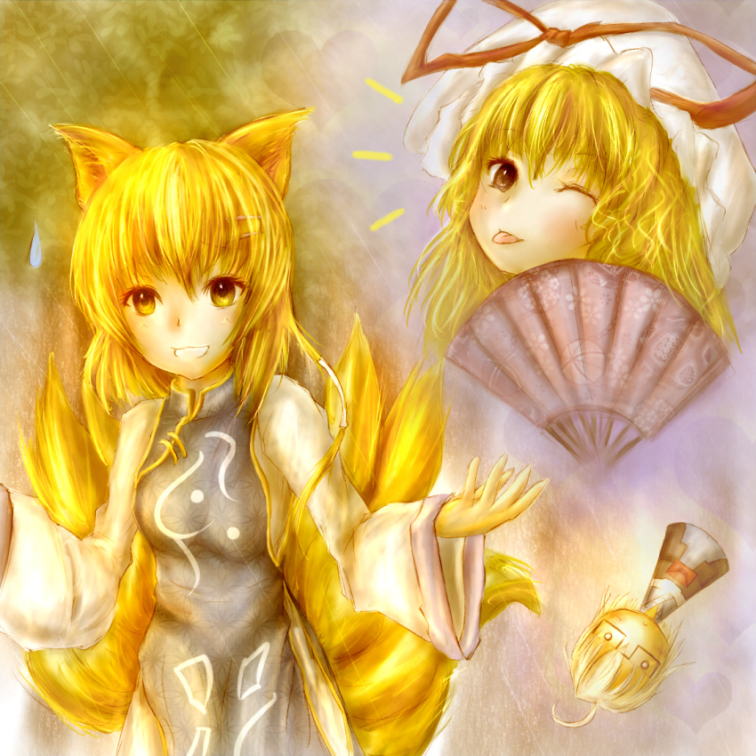 :p animal_ears bad_id doll fan fox_ears fox_tail morichika_rinnosuke multiple_tails tail tongue touhou yakumo_ran yakumo_yukari