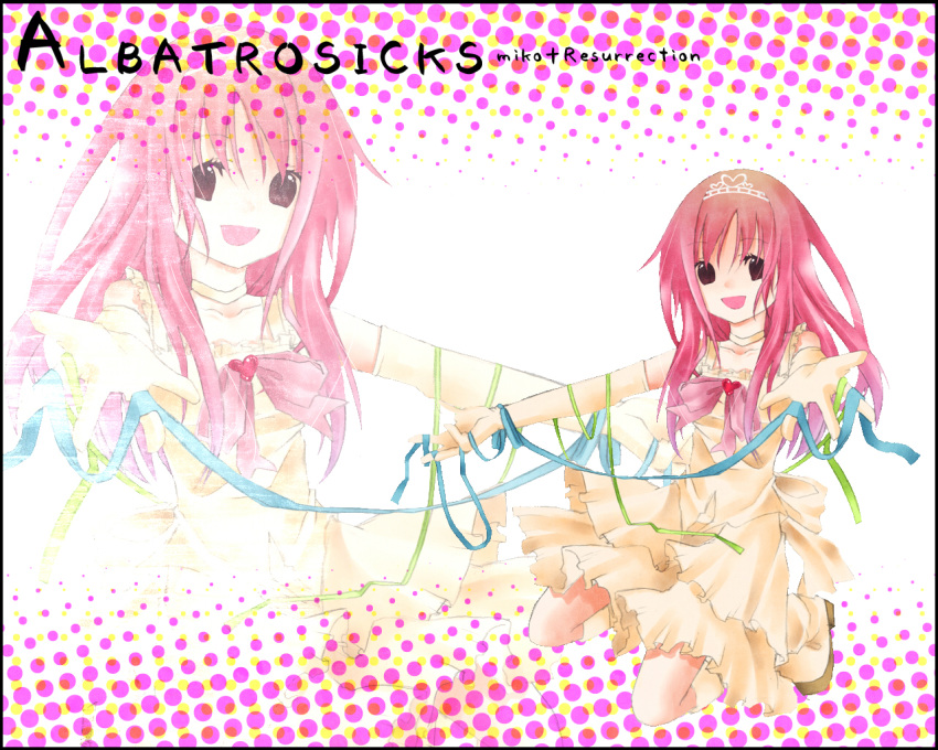 bad_id crown dress ko_enoki long_hair miko+resurrection pink pink_eyes pink_hair ribbon smile tiara