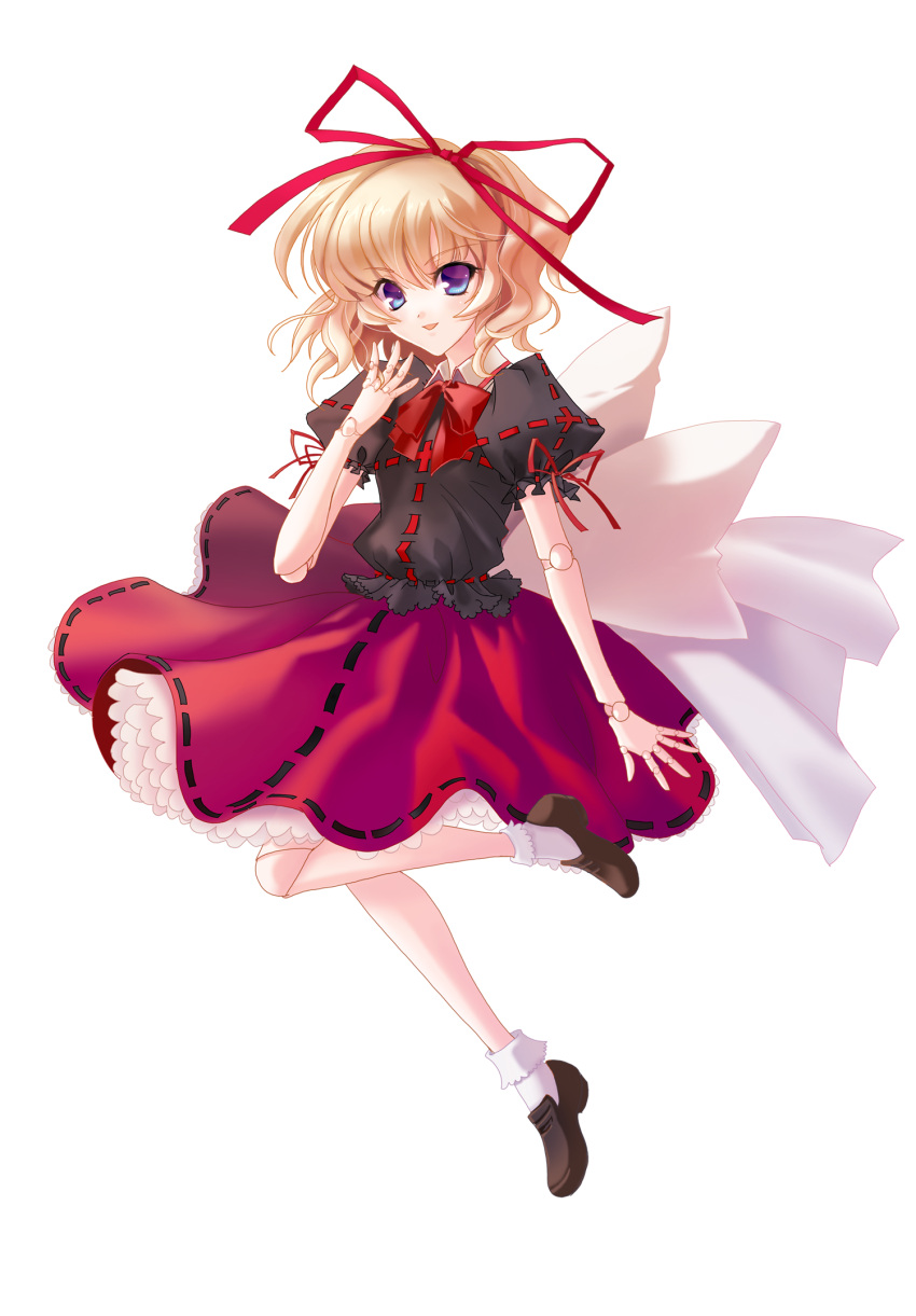 blonde_hair blue_eyes bobby_socks bow doll_joints dress finger_to_face hair_ribbon highres looking_at_viewer medicine_melancholy open_mouth petticoat ribbon s-yin short_hair smile socks solo touhou transparent_background