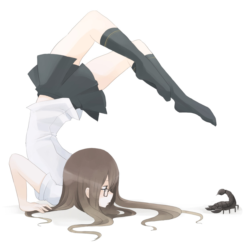 black_legwear black_socks brown_eyes brown_hair chest_stand glasses highres long_hair original scorpion socks solo tansuke top-down_bottom-up upside-down