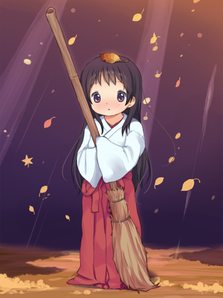 anyannko autumn_leaves bamboo_broom black_hair blush broom child highres japanese_clothes leaf leaf_on_head long_hair long_sleeves looking_at_viewer miko original oversized_clothes purple_eyes shirt skirt solo violet_eyes wide_sleeves